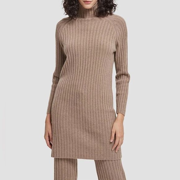 Nap Tan Ribbed Knit Cashmere Dress Size Large Mock Turtleneck Neutral Minimalist - Picture 1 of 10